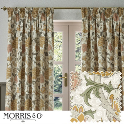 Morris & Co Cray Floral Velvet Room Darkening Pencil Pleat Curtain Pair Stone/clay (W)168Cm X (D)229Cm from B&Q