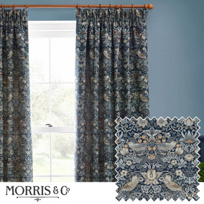 Morris & Co Strawberry Thief Jacquard Jacquard Floral Room Darkening Pencil Pleat Curtain Pair Indigo (W)117Cm X (D)183Cm from B&Q