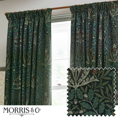 Morris & Co Acorn Multi Floral Jacquard Room Darkening Pencil Pleat Curtain Pair Thyme/forest (W)117Cm X (D)137Cm from B&Q