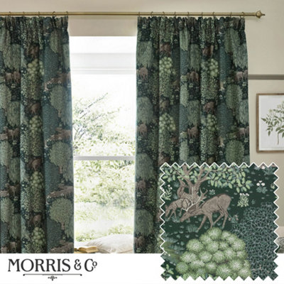 Morris & Co Brook Woodland Jacquard Room Darkening Pencil Pleat Curtain Pair Forest Green (W)117Cm X (D)137Cm from B&Q