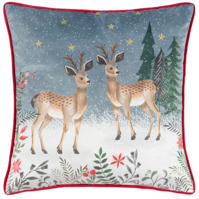 Furn. Ditsy Festive Reindeer Velvet Piped Feather Rich Cushion from B&Q