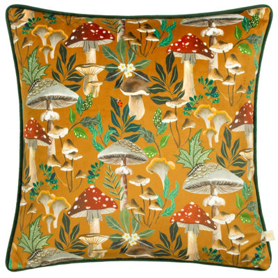 Wylder Wild Gardens Mushroom Repeat Velvet Piped Feather Rich Cushion from B&Q