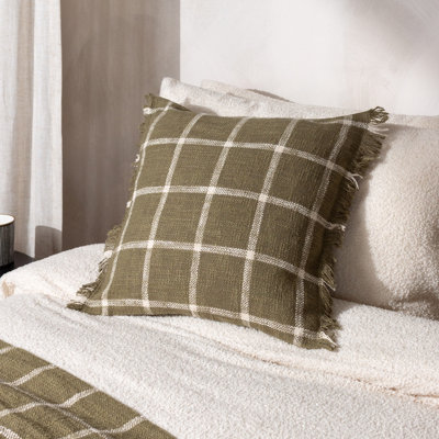 Yard Beni Check Fringed Polyester Filled CushionMoss/natural45 X 45Cm from B&Q