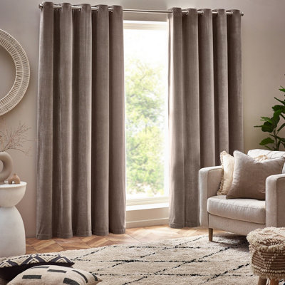 Yard Heavy Chenille Velvet Room Darkening Eyelet Curtain Pair Greige (W)229Cm X (D)229Cm from B&Q