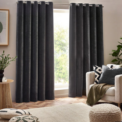 Yard Heavy Chenille Velvet Room Darkening Eyelet Curtain Pair Charcoal (W)229Cm X (D)183Cm