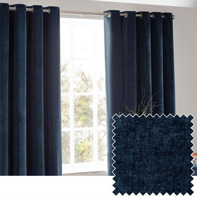 Yard Heavy Chenille Velvet Room Darkening Eyelet Curtain Pair Navy (W)229Cm X (D)183Cm