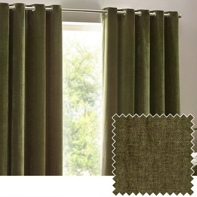 Yard Heavy Chenille Velvet Room Darkening Eyelet Curtain Pair Olive (W)229Cm X (D)183Cm