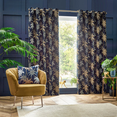 Wylder Galapagos Jacquard Room Darkening Eyelet Curtain Pair Navy (W)117Cm X (D)183Cm from B&Q