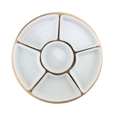 Apollo Lazy Susan Rotating Snack & Dip Serving Set With 6 Ceramic Dishes 35Cm Hevea Wood Durable Stylish Turntable from B&Q