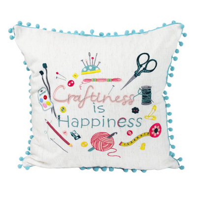 Peggy Wilkins Square Craftiness Is Happiness Embroidered Scatter Cushion from B&Q