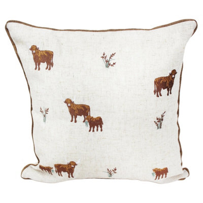 Peggy Wilkins Square Highland Cow Embroidered Scatter Cushion from B&Q