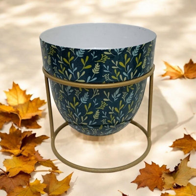 Minster Small Leafs Print Design Planter In StandL13 X W13 X H13 CmBlue/green from B&Q