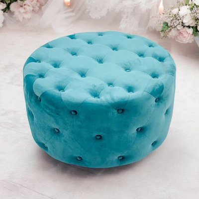 Minster Buttoned Round FootstoolL80 X W80 X H45 CmBlue from B&Q