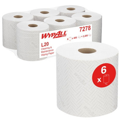Wypall L20 Cleaning And Maintenance Wiping Paper 7278-2 Ply Centrefeed Rolls6 Rolls X 400 White Paper Wipers (2,400 Total) from B&Q