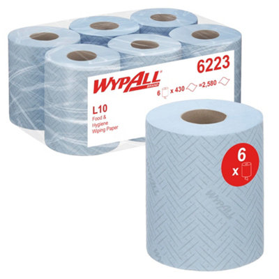 Wypall L10 Wiping Paper Rolls 6223Blue 1-Ply Centrefeed Rolls For Food & Hygiene Tasks Embossed For Strength 6 Rolls X 430 from B&Q