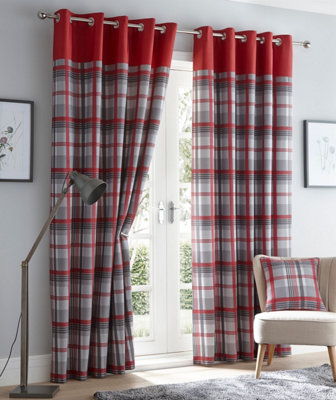 Portfolio Home Orleans Tartan Check Fully Lined Eyelet Curtains Ring Top Red 66X90" from B&Q