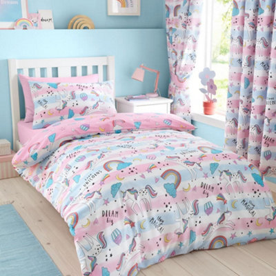B&Q -  Dreamy Unicorns Pink Duvet Cover Set Unicorn Themed Single Bedding Set