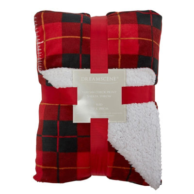 Ohs Large Tartan Sherpa Flannel Fleece Throw Over Bed Blanket Check Red from B&Q