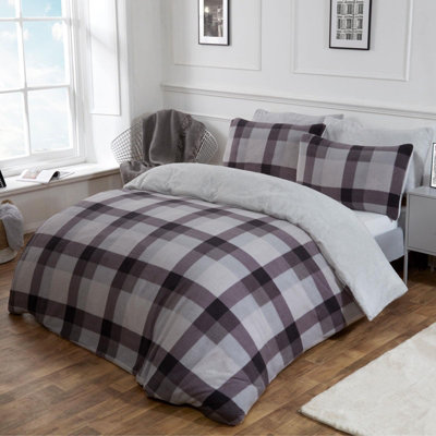 Dreamscene Check Teddy Duvet Cover Pillowcase Bedding, - Superking Grey