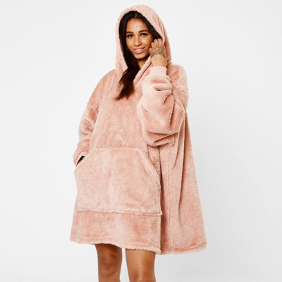 Ohs Teddy Fleece Hoodie Blanket Oversized SweatshirtBlushAdults from B&Q