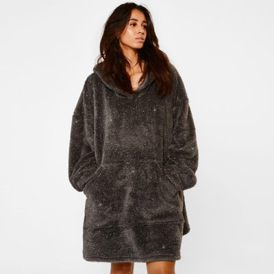 Ohs Teddy Glitter Hoodie Blanket Oversized Wearable SweatshirtCharcoal from B&Q