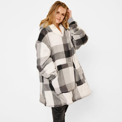 Dreamscene Grey Check Hoodie Blanket Giant Wearable Sherpa Oversized Sweatshirt, Size 30