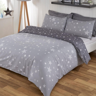 B&Q -  Galaxy Stars Duvet Cover With Pillowcase Kids Bedding Set Silver GreySilver Grey Charcoal StarsDouble