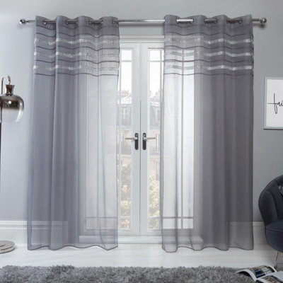 Ohs Latina Pair Of 2 X Diamante Glitzy Voile Net Curtains Eyelet Ring Top Window PanelsCharcoal Grey55" Wide X 87" Drop from B&Q