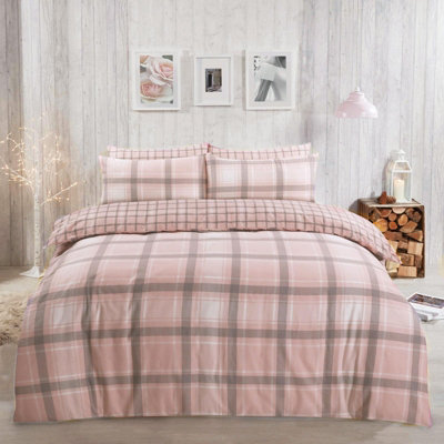 OHS Brushed Cotton Tartan Duvet Cover Pillowcase Set Aspen CheckBlushKing from B&Q
