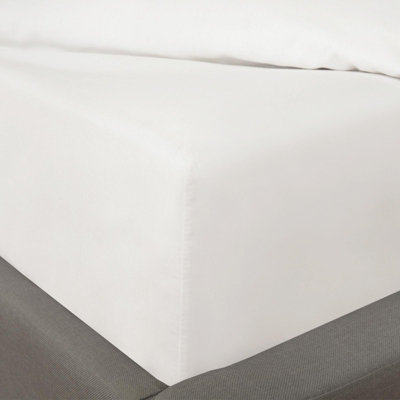 Ohs Luxury Plain Dyed Cotton 30Cm Deep Fitted Bed SheetWhiteDouble from B&Q