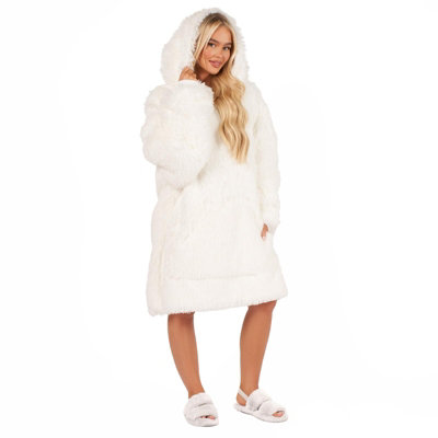 B&Q -  Fluffy Long Fibre Sherpa Hooded Blanket Plush Fleece Soft ThrowWhite
