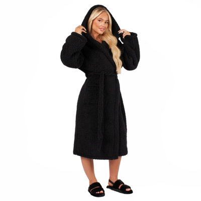 OHS Teddy Fleece Long Dressing Gown Ladies Warm House Coat HoodedBlack from B&Q