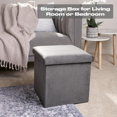 OHS Folding Ottoman Storage Box Footstool Tub Space Saving Velvet SeatCube from B&Q