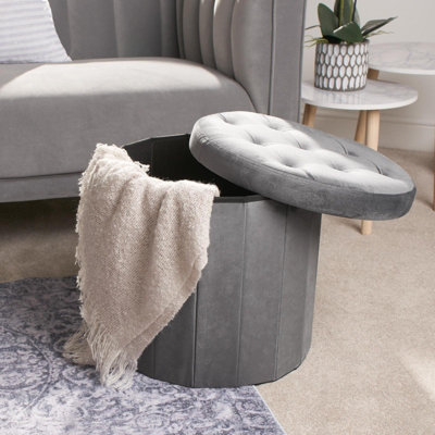 OHS Folding Ottoman Storage Box Footstool Tub Space Saving Velvet SeatRound from B&Q