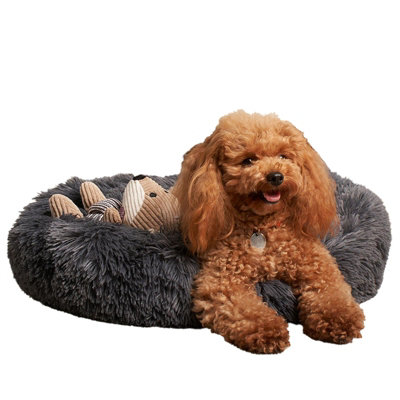 B&Q -  Dog Bed Fluffy Plush Fleece Pet Calming Anti Anxiety RoundCharcoalMedium