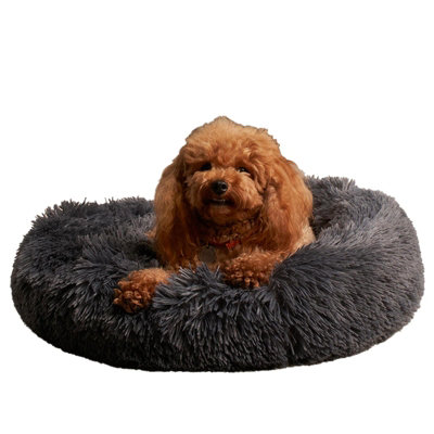 B&Q -  Dog Bed Fluffy Plush Fleece Pet Calming Anti Anxiety RoundCharcoalLarge