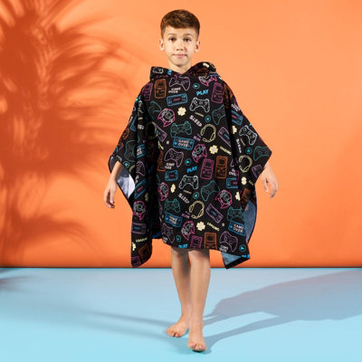 OHS Kids Poncho Beach Towel Hooded Quick Dry Microfibre HolidayBlack Gaming from B&Q