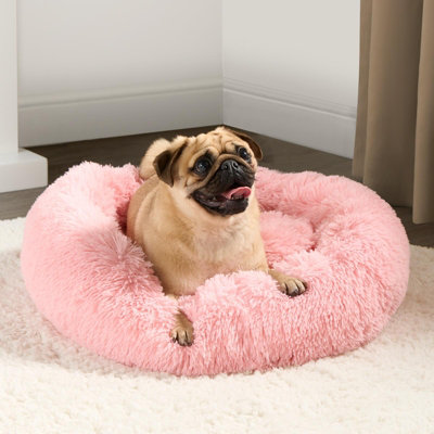B&Q -  Dog Bed Fluffy Plush Fleece Pet Calming Anti Anxiety RoundBlushMedium