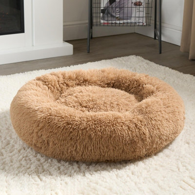 B&Q -  Dog Bed Fluffy Plush Fleece Pet Calming Anti Anxiety RoundBeigeMedium