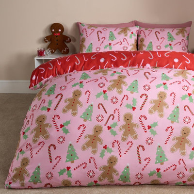 B&Q -  Gingerbread Man Reversible Bedding Set Duvet Cover With PillowcasePink