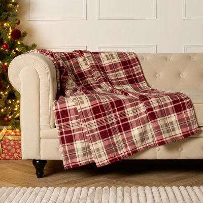 OHS Tartan Check Throw Over Bed Blanket Sherpa Fleece Warm Soft Plush Cosy Sofa Xmas from B&Q