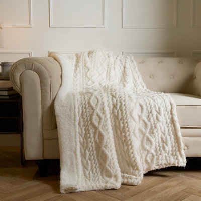 OHS Cable Knit Blanket Sherpa Fleece Plush Supersoft Warm ThrowCream130 X 160Cm from B&Q