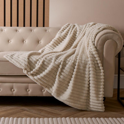 OHS Faux Fur Ribbed Fleece Throw Over Bed Blanket SupersoftNatural125 X 150Cm from B&Q