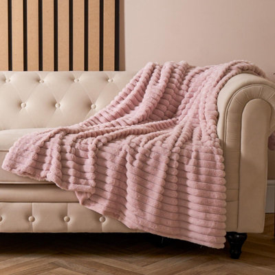 OHS Faux Fur Ribbed Fleece Throw Over Bed Blanket SupersoftBlush125 X 150Cm from B&Q
