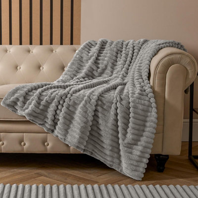 OHS Faux Fur Ribbed Fleece Throw Over Bed Blanket SupersoftGrey125 X 150Cm from B&Q