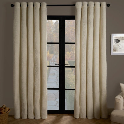 OHS Teddy Fleece Eyelet Curtains Thermal Pair Ready MadeCream66" X 72" from B&Q