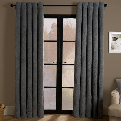 OHS Teddy Fleece Eyelet Curtains Thermal Pair Ready MadeGrey66" X 90" from B&Q