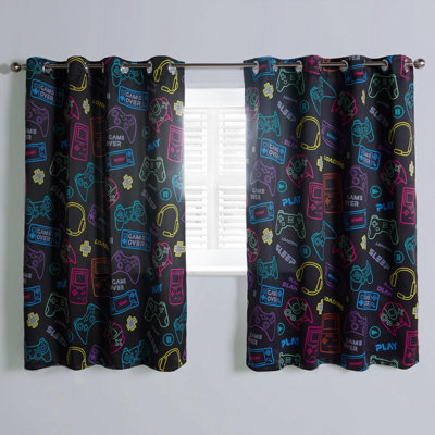 OHS Gaming Eyelet Curtains Pair Of Blackout Woven Ring Top PanelsBlack66" X 72" from B&Q