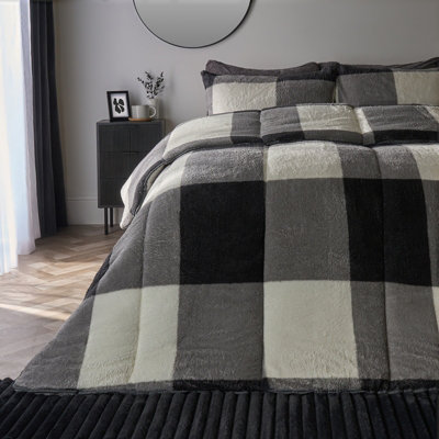 OHS Check Coverless Duvet Pillowcase Teddy Fleece Gingham 10.5 TogGreyKing from B&Q