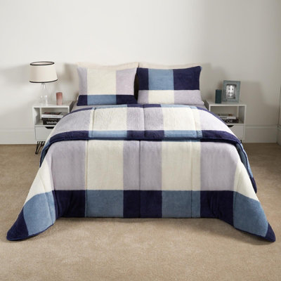 OHS Check Coverless Duvet Pillowcase Teddy Fleece Gingham 10.5 TogNavyKing from B&Q